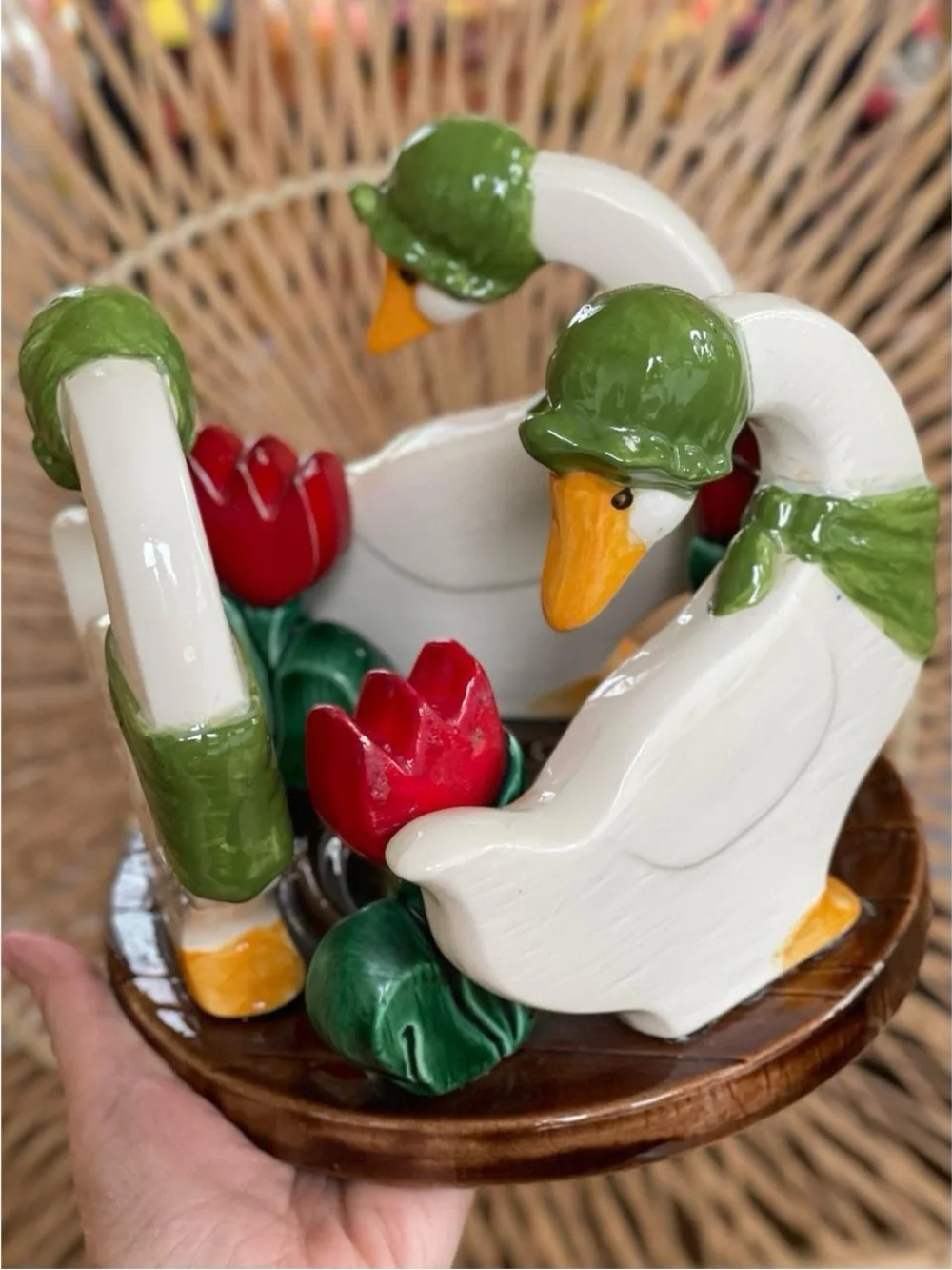 Cottagecore Vintage Ceramic Hand Painted Geese & Red Tulips Candle Holder Folksy